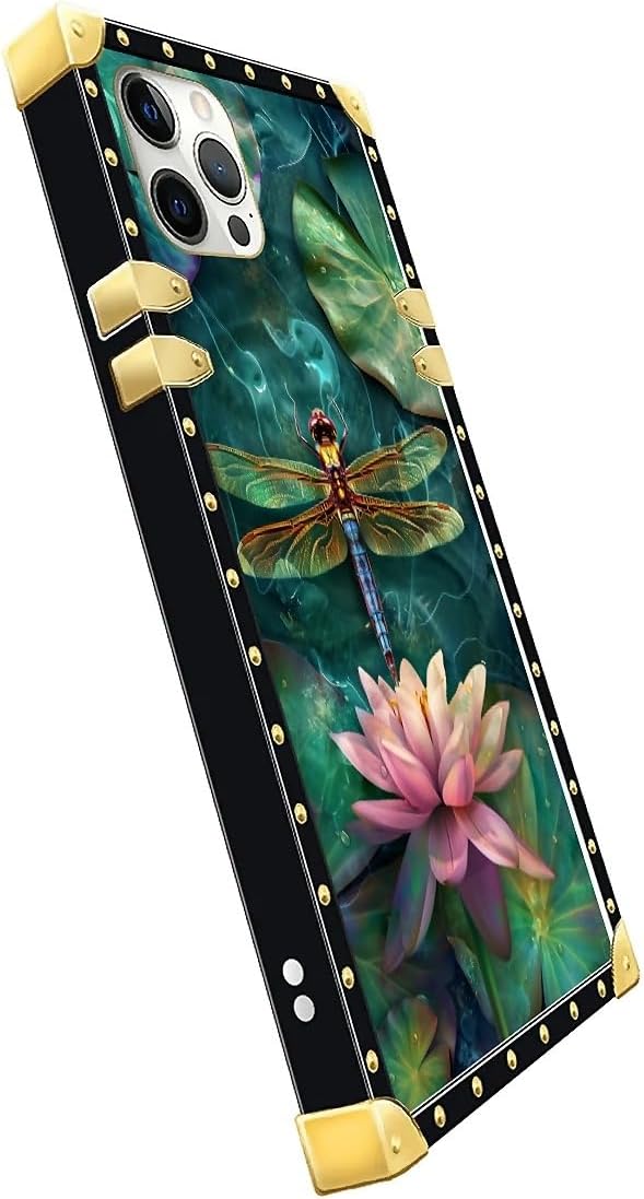 Compatible with iPhone 11 Pro Max Case, Colourful Dragonfly Pink Lily Pads Luxury Golden Decoration for Girl Women Soft TPU Shockproof Protective Hard PC Back for iPhone 11 Pro Max