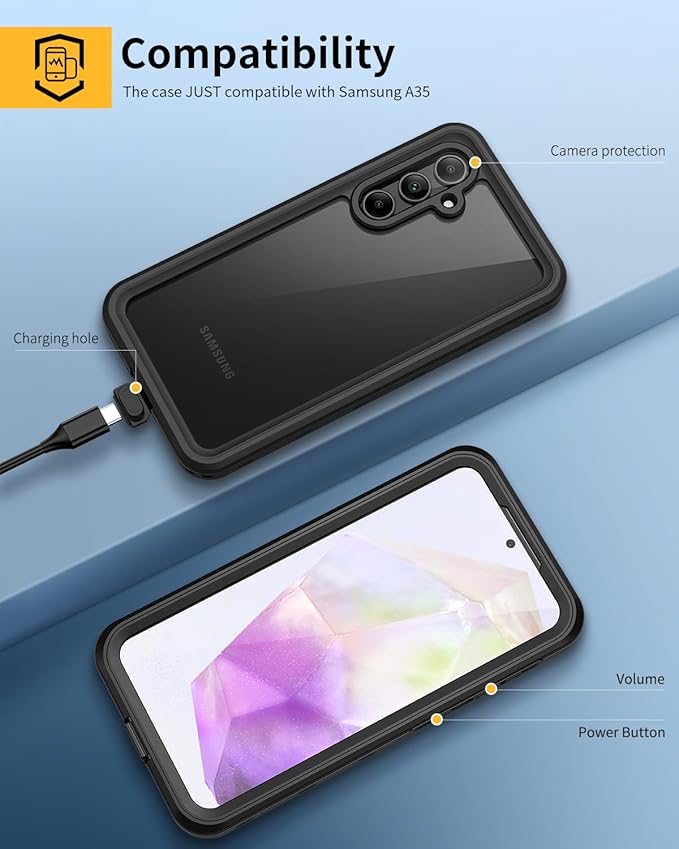 Lanhiem for Samsung Galaxy A35 5G Case, IP68 Waterproof Dustproof, Built-in Screen Protector, Rugged Full Body Shockproof Protective Cover for Samsung A35 5G /4G 6.6", Black/Clear