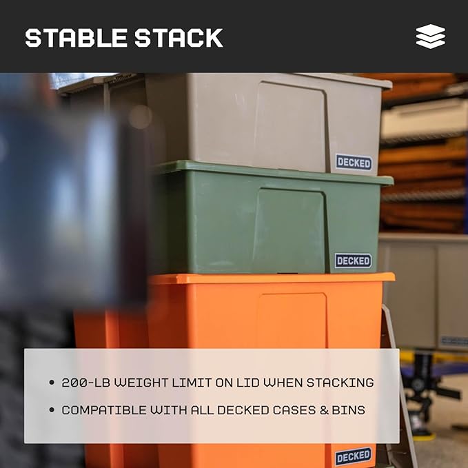 DECKED Payloader 32 L (3-Pack) - 75 lb Bin / 200 lb Lid Load Rated, Heavy-Duty Stackable Storage Bins, Fits Drawer System & Tool Box - Ranger Green