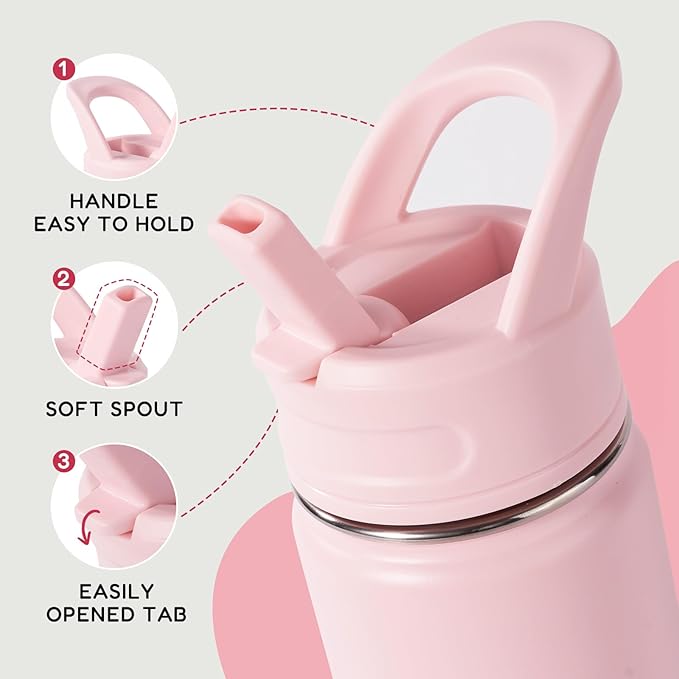 Fijinhom 12oz Kids Water Bottle for School, Toddler Bottles with Straws, Stainless Steel Vacuum Insulated Water Bottle for Boys&Girls, Leak-Proof, BPA-Free, Cherry
