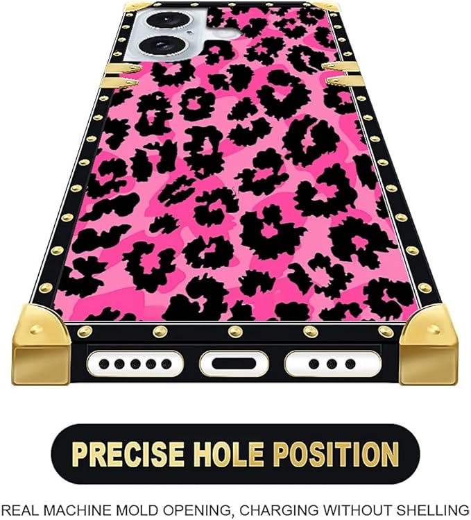 Compatible with iPhone 16 Plus Case, Pink Black Leopard Luxury Golden Decoration for Girl Women Soft TPU Shockproof Protective Hard PC Back