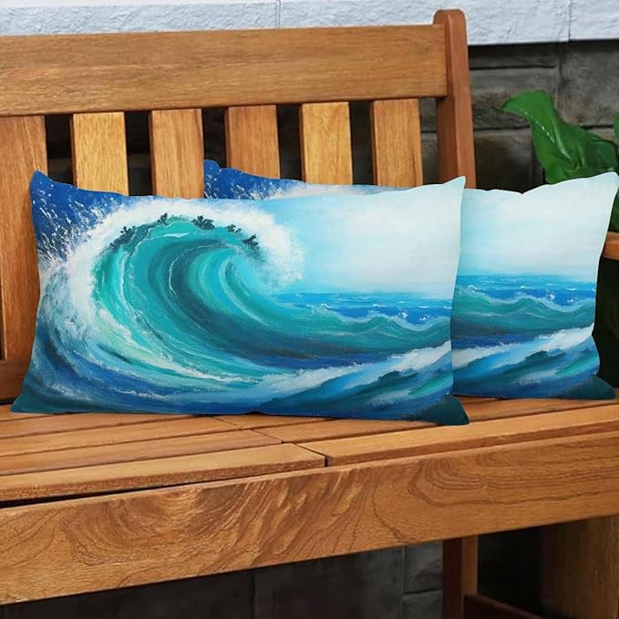 EKOBLA Sea Wave Lumber Pillow Cases Watercolor Painting Ocean Storm Landscape Linen Lumber Decorative Throw Cushion Cover Pillowcases for Bed Sofa Oblong Rectangle 12x20 Inches