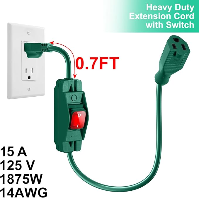Outdoor Waterproof On/Off Switch Extension Cord, Heavy Duty 125v/250v Black SJTW Cord (1.5 Ft, Green)
