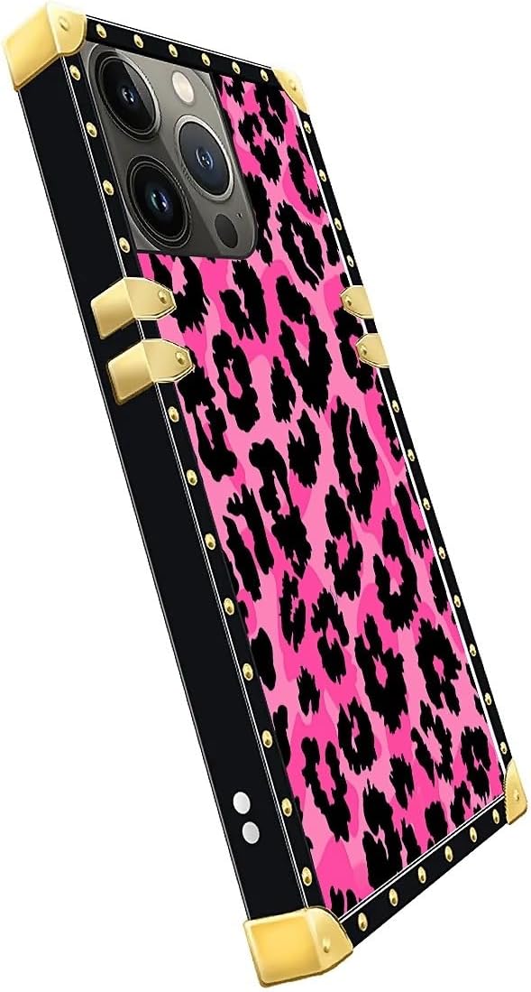 Compatible with iPhone 13 Pro Case, Pink Black Leopard Luxury Golden Decoration for Girl Women Soft TPU Shockproof Protective Hard PC Back for iPhone 13 Pro