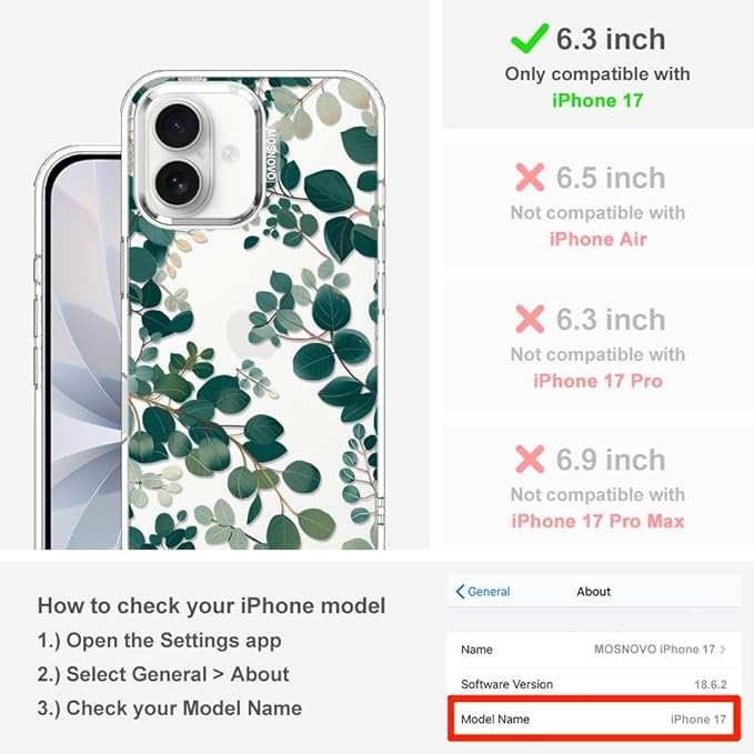 MOSNOVO for iPhone 17 Case | Military Grade 6.6ft Drop Tested | Camera Control | Clear with Eucalyptus Design