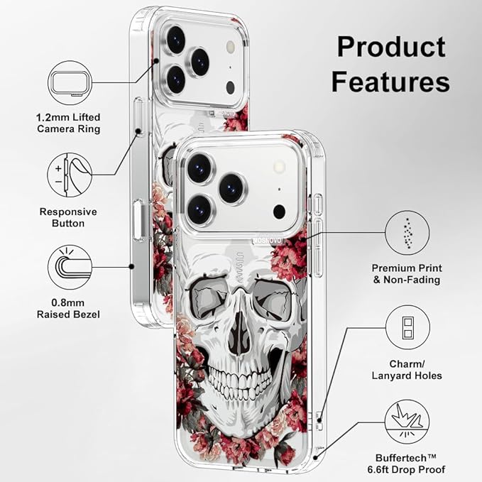 MOSNOVO for iPhone 17 Pro Case | Military Grade 6.6ft Drop Tested | Camera Control | Clear with Red Flower Skull Design