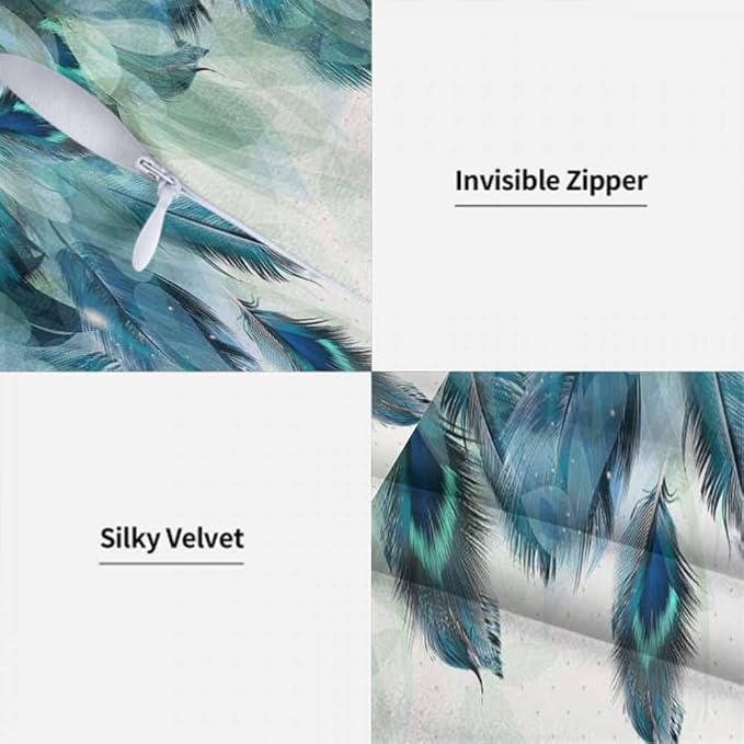 Peacock Feather 18 X 18 Pillow Covers Watercolor Gradient Blue Soft Halo Green Leaves Set of 2 Pillow Cases Square Velvet Outdoor Pillowcases Decorative for Home Bed Sofa Couch Hotel