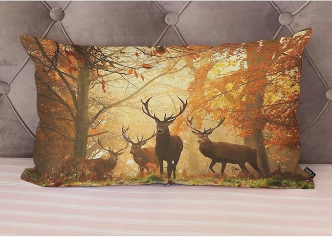 EKOBLA Decorative Lumber Cushion Case Deers Herd of Deer Stand Among The Fall Colors Jungle Trees Autumn Waist Lumbar Cotton Linen Throw Pillow Cases Cushion Cover Rectangular 12x20 Inches