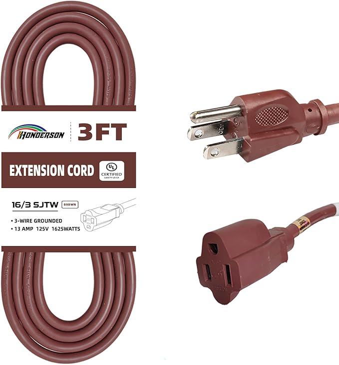 3FT Brown Extension Cord-16/3 SJTW Durable Extension Cord for Christmas Lights with 3 Prong Grounded Plug, Great for Christmas Decorations