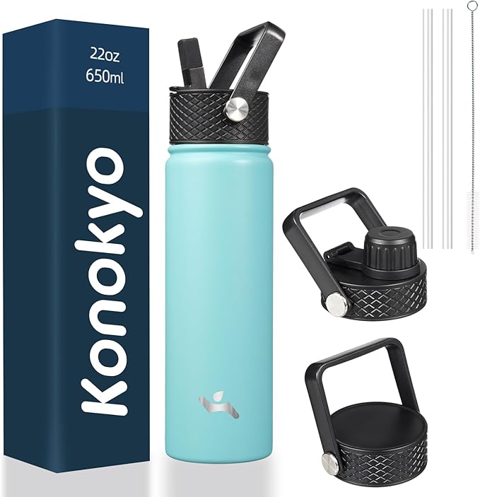 Konokyo 22oz Stainless Steel Bottles with 3 Lids Sport Insulated Water Bottle,Turquoise
