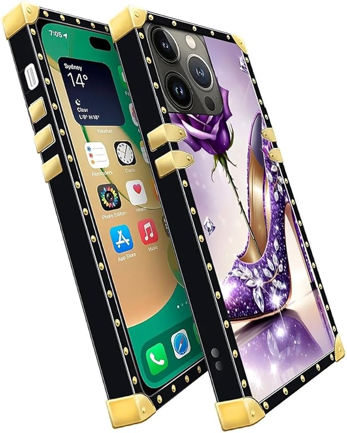 Compatible with iPhone 14 Pro Case, High Heeled Purple Diamond Rose Luxury Golden Decoration for Girl Women Soft TPU Shockproof Protective Hard PC Back for iPhone 14 Pro