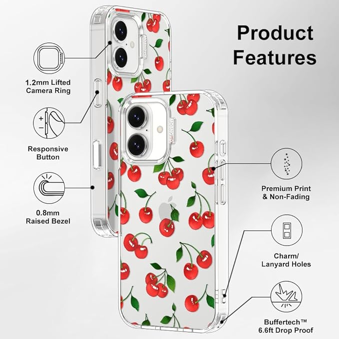 MOSNOVO for iPhone 17 Case | Military Grade 6.6ft Drop Tested | Camera Control | Clear with Cute Cherry Design