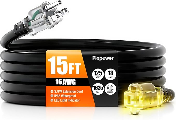 15 FT Outdoor Extension Cord Waterproof, 16/3 Gauge Heavy Duty 3 Prong Power Cord with Lighted Indicator End, 13A 125V 1625W SJTW, ETL Listed, Great for Lawn/Garden/Home(Black)