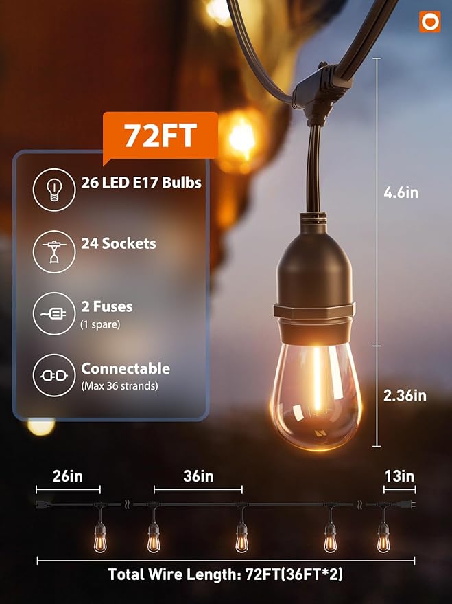 addlon 72FT(36FT*2) LED Outdoor String Lights with Edison Shatterproof Bulbs Commercial Grade Patio Cafe Light, ETL Listed Weatherproof Strand 24 Hanging Sockets for Bistro Backyard