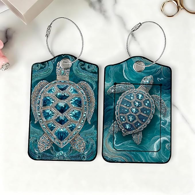 2 Pack Sea Turtle Luggage Tags for Suitcases, Teal Ocean Life ID Tags with Privacy Cover, PU Leather Bag Identifiers, Spring & Summer Beach Vacation Essentials, Mother's Day