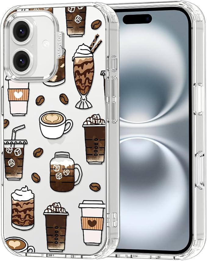 MOSNOVO Case for iPhone 16, [Buffertech 6.6ft Military-Grade Drop Protection] [Anti Peel Off Tech] Clear TPU Bumper Phone Case Cover Design - Coffee