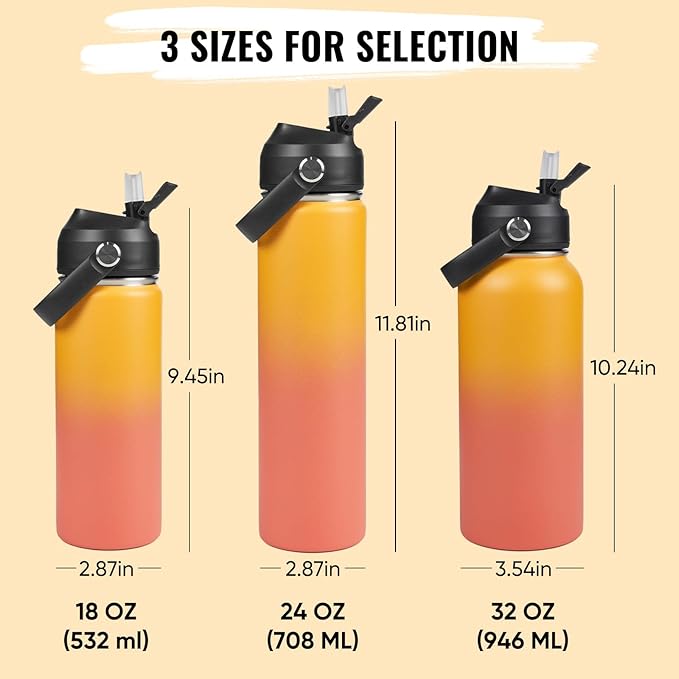 Fijinhom 18oz Insulated Stainless Steel Water Bottle, Wide Mouth Double Wall Vacuum, Silicone Straw, Sweat & Leak Proof, BPA Free Insulated Water Flask for Travel, Keep Cold 24h Hot 12h, Orange