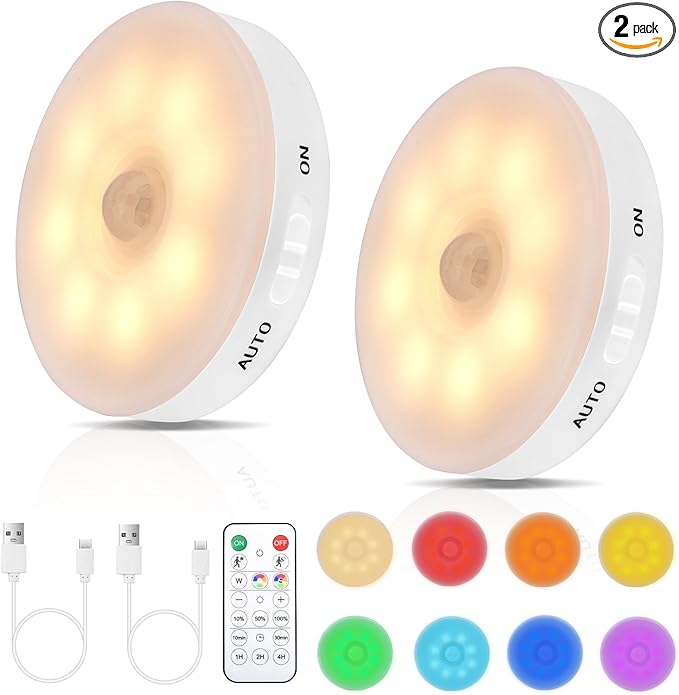 RGB LED Rechargeable Motion Sensor Night Light with Remote, Bright & Dimmable & Long-Lasting Battery, Stick-On Puck Light for Kitchen, Cabinet, Closet, Stairs - Warm & RGB, 2Pack