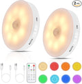 RGB LED Rechargeable Motion Sensor Night Light with Remote, Bright & Dimmable & Long-Lasting Battery, Stick-On Puck Light for Kitchen, Cabinet, Closet, Stairs - Warm & RGB, 2Pack