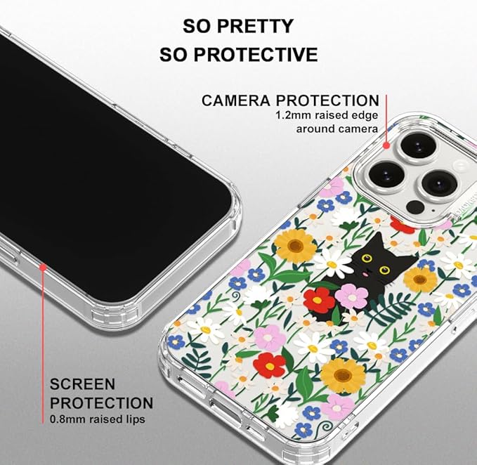 MOSNOVO Case for iPhone 15 Pro, [Buffertech 6.6ft Military-Grade Drop Protection] [Anti Peel Off Tech] Clear TPU Bumper Phone Case Cover Design - Black Cat in Garden
