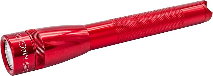 Maglite Mini LED 2-Cell AA Flashlight – High-Powered Compact LED Light with Multi-Mode Function, Water-Resistant Aluminum Build, Adjustable Beam, Includes Batteries & Holster – Red