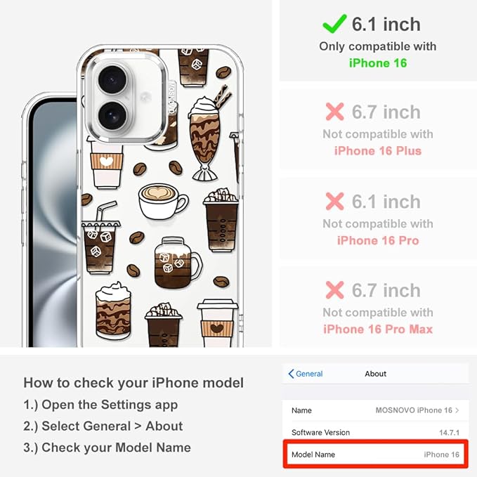 MOSNOVO Case for iPhone 16, [Buffertech 6.6ft Military-Grade Drop Protection] [Anti Peel Off Tech] Clear TPU Bumper Phone Case Cover Design - Coffee