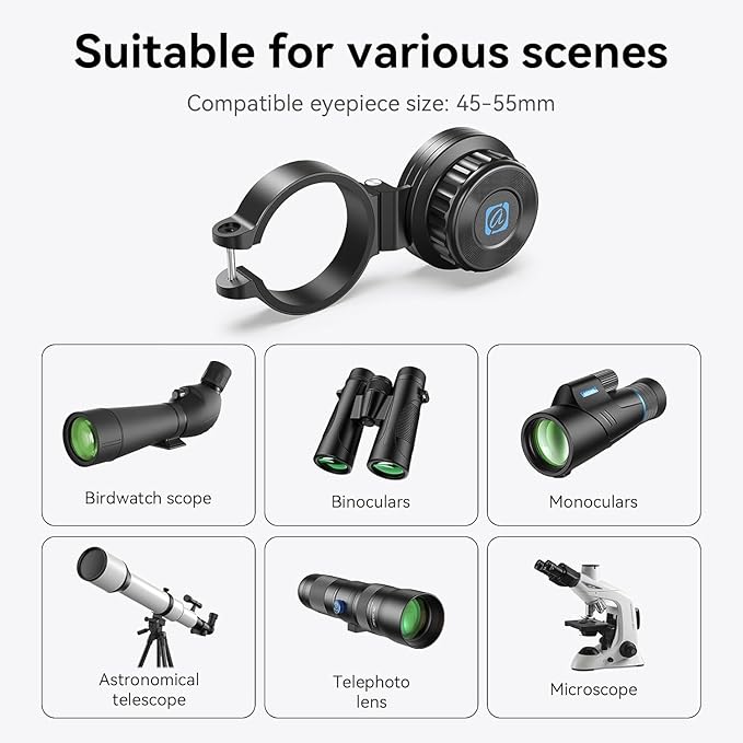 APEXEL Magnetic Telescope Phone Adapter, 45-55mm Aluminum Foldable Photo Adapter Fits All Smartphone, Universal Phone Mount for Binocular, Monocular, Microscope, Spotting Scope