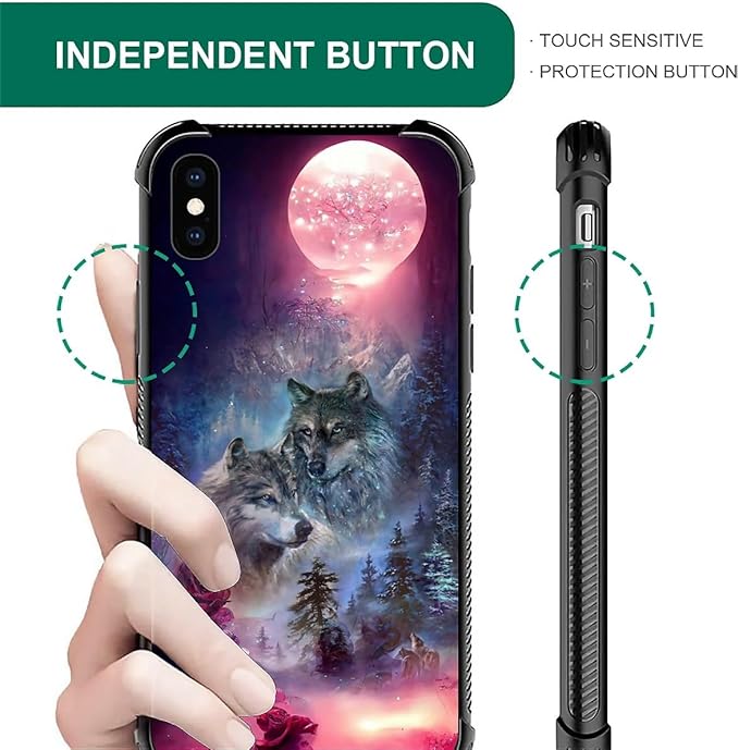 for iPhone Xs Max Case, Star Two Wolfs Howling Pattern Graphic Design Girl Boy Soft Silicone Hard Acrylic Shock Protection for iPhone Xs Max