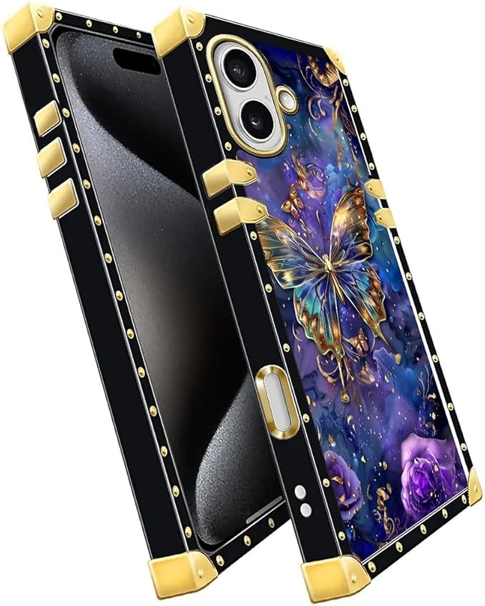 for iPhone 17 Case Luxury Golden Decoration for Girl Women Soft TPU Shockproof Protective Hard PC Back for iPhone 17 Crazy Pattern Glistening Golden Butterfly Vibrant Purple Blue