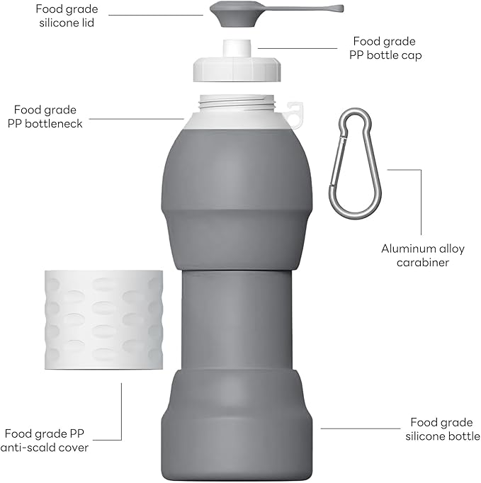 Collapsible Lightweight 20oz Water Bottle, Food-Grade Silicone BPA Free, Foldable Portable Leak Proof Office Travel Cycling Sports Outdoor Water Bottle with Vertical Hook (grey, Short nozzle)