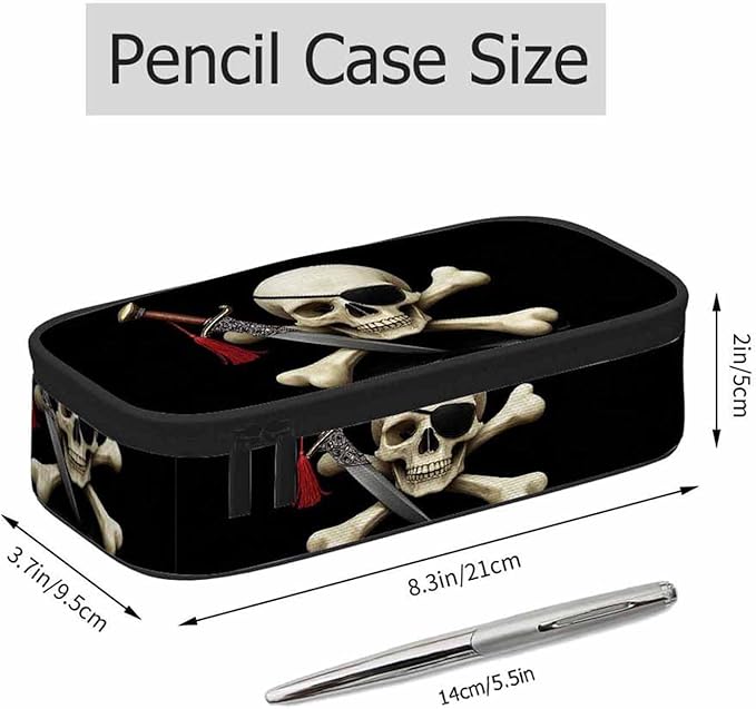 Skull Pirate Pencil Case Crossbones Eye Halloween Day Of The Dead Black Pencil Bag Pouch Box Organizer for College School Students Boy Girl