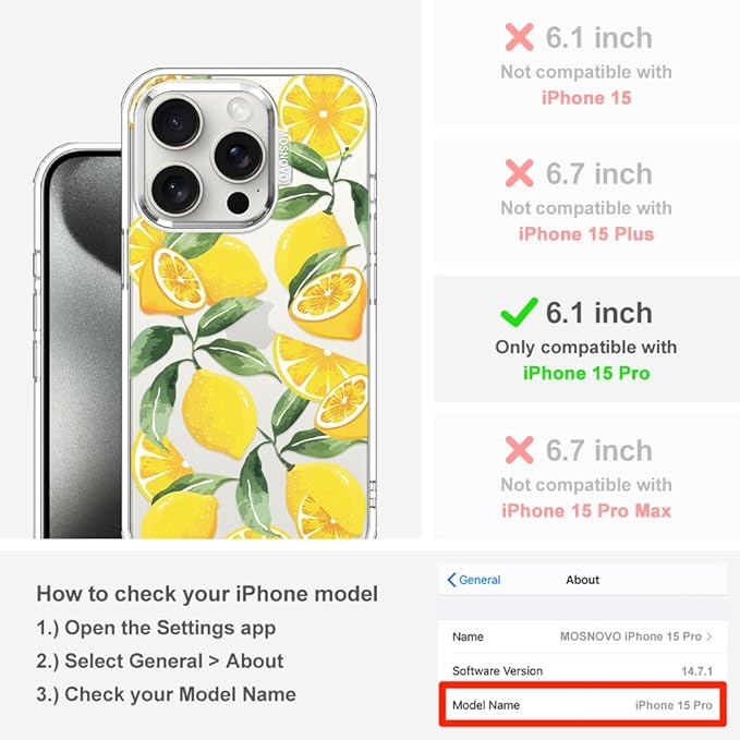 MOSNOVO Case for iPhone 15 Pro, [Buffertech 6.6ft Military-Grade Drop Protection] [Anti Peel Off Tech] Clear TPU Bumper Phone Case Cover Design - Lemon