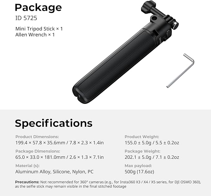 SmallRig 2-in-1 Selfie Stick Tripod, 7.1-20.5in Extendable, Support Horizontal & Vertical Shooting, for GoPro Hero 13/12/11/10/9, for DJI Osmo Nano Action 6/5 Pro/4/3, for Insta360 Ace Pro 2-5725