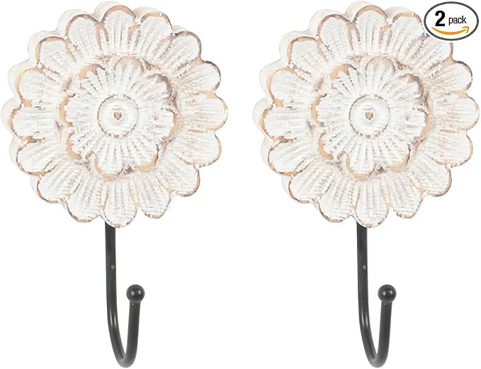 dwellington Distress Wood Flower Coat Hooks for Wall Hanging, Single Small Vintage Decorative Hanger for Keys, Bags, Towels (Long Hanger S/2)