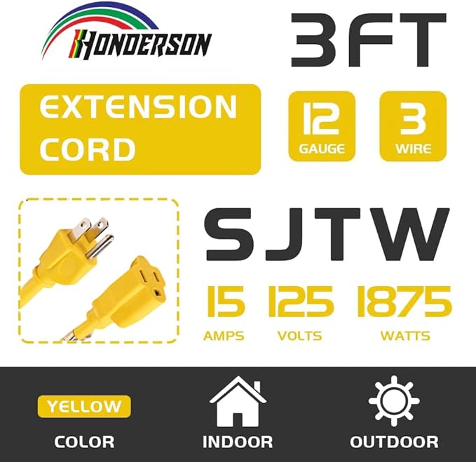 Extension Cord Weatherproof, UL Certified, 12 Gauge 3FT Yellow 3 Prong Heavy Duty, 12/3 SJTW 15A Power Cord for Lights, Appliances, Lawn