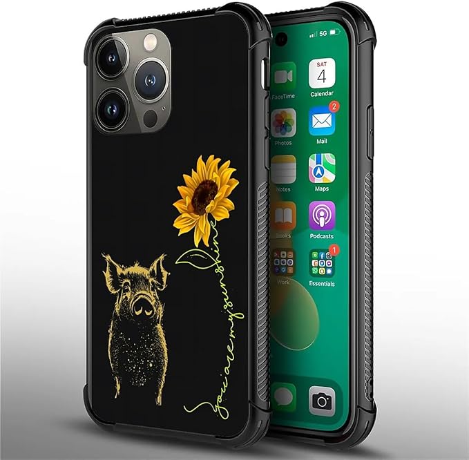 for iPhone 14 Pro Case, Pig Sunflower Yellow Sunshine Pattern Graphic Design Girl Boy Soft Silicone Hard Acrylic Shock Protection for iPhone 14 Pro