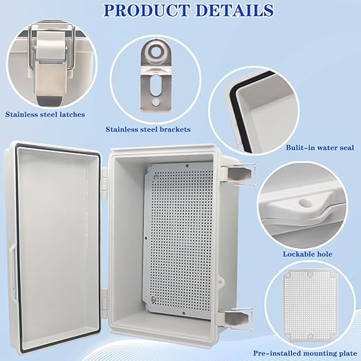 Waterproof Electrical Box Junction Box Weatherproof IP67 ABS Plastic Enclosure Switch Router Project Box Electronics DIY Enclosure with Mounting Plate and Wall Bracket Grey 11.2"x 7.5"x5.5"