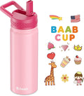 baab 18oz Kids Water Bottle, Insulated Water Bottle with Straw & Stickers, 18/8 Stainless Steel Vacuum Leakproof Kids Water Straw Cup for School, Perfect for Boy Girl (Rose Pink, 1 Pack)