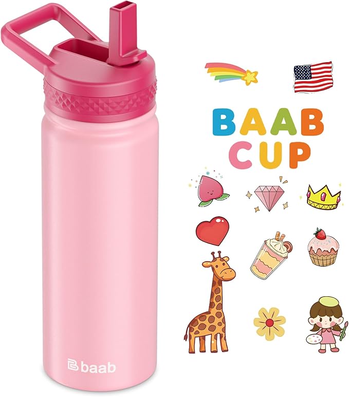 baab 18oz Kids Water Bottle, Insulated Water Bottle with Straw & Stickers, 18/8 Stainless Steel Vacuum Leakproof Kids Water Straw Cup for School, Perfect for Boy Girl (Rose Pink, 1 Pack)