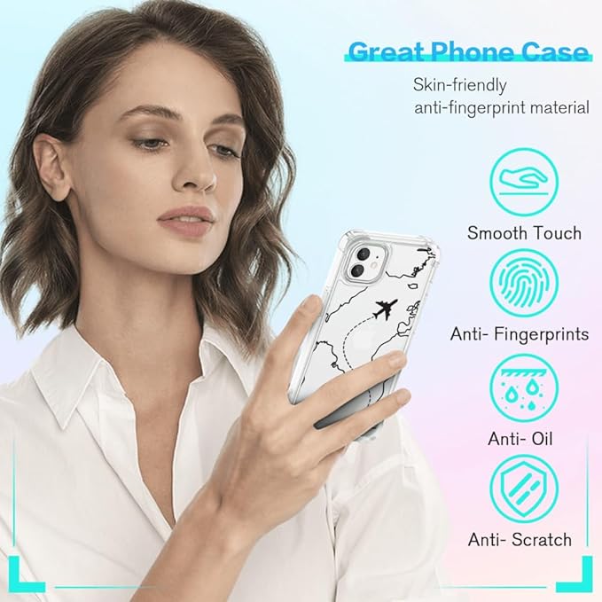 FANXI Minimalist Airplane Travel Map Phone Case Compatible with iPhone 12/12 Pro (6.1 Inch) - Shockproof Clear Soft TPU Protective Cover with Airplane Design for Women Men and Girls