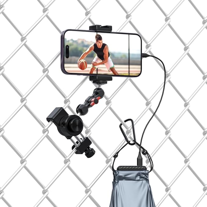 SUREWO Aluminum Cell Phone Fence Mount for iPhone, Go pro,DJI Osmo Action 5Pro/4/3/2, Insta360,Mevo Start Clip Stand for Baseball Softball Tennis Recording (Fence Mount)