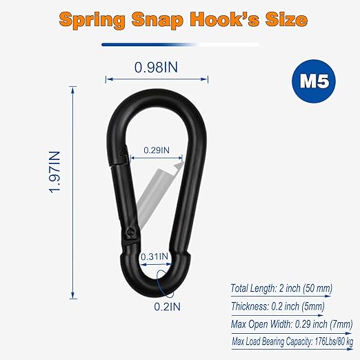 30PCS M5 Heavy Duty Carabiner Clip, 2Inch Snap Hook Quick Link Small Carabiner Clips,Spring Link Buckle for Fishing Camping Hammock Dog Leashes-220LBS Holding Capacity (Black)
