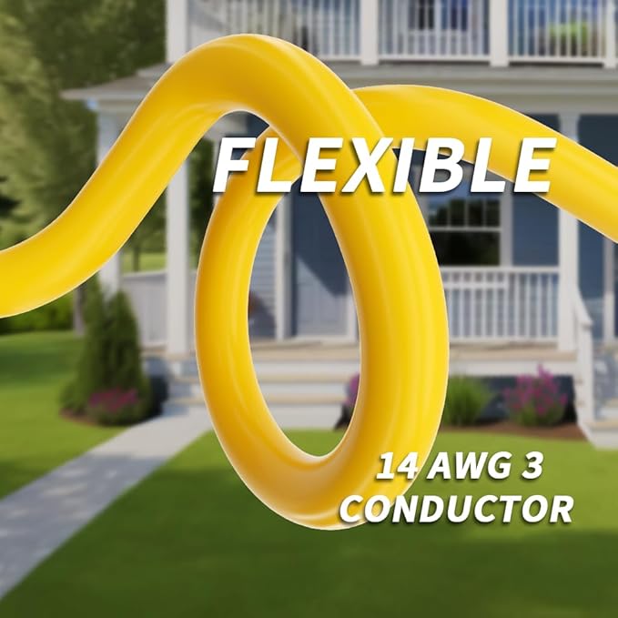 PlugSaf 200 ft 14/3 Gauge Yellow Extension Cord Outdoor with Lighted Indicator, Cold Weatherproof -40°C, Flexible Waterproof 3 Prong Extension Cord Outside,13A 1625W 14AWG SJTW, ETL Listed