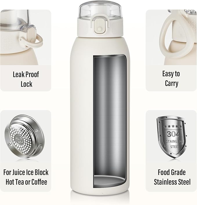 Insulated Water Bottle 24 oz with Dustproof Lid, Carry Handle & Tea Infuser, BPA-Free & Leakproof, Stainless Steel Water Bottles Ideal for Fitness, Hiking, Office & Outdoor Use （Beige）