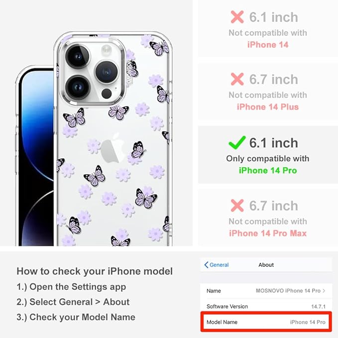 MOSNOVO Case for iPhone 14 Pro, [Buffertech 6.6ft Military-Grade Drop Protection] [Anti Peel Off Tech] Clear TPU Bumper Phone Case Cover Design - Lilac Butterfly