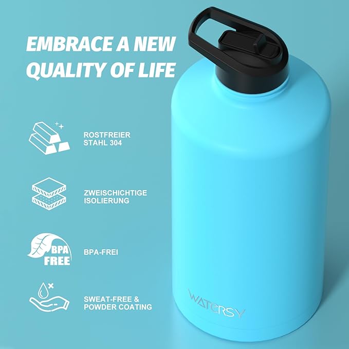 1 Gallon Water Bottle Insulated(Cold for 48 Hrs),BPA Free&Leak Proof,128oz Stainless Steel Water Jug,Large Water Bottle with Straw Spout Lids for Gym,Hiking,Camping&Travel,Sky Blue