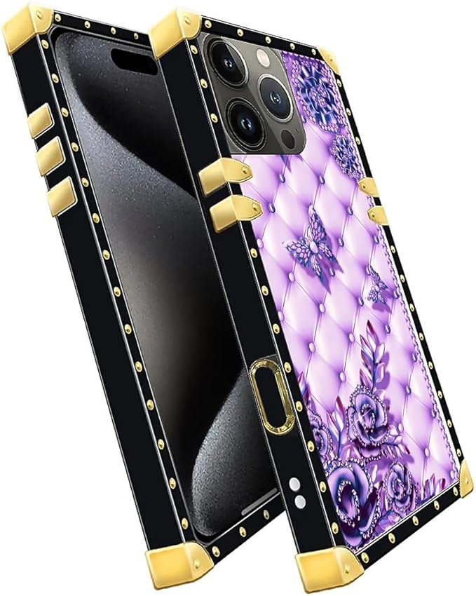 Compatible with iPhone 16 Pro Case, Purple Butterfly Flowers Leaf Luxury Golden Decoration for Girl Women Soft TPU Shockproof Protective Hard PC Back