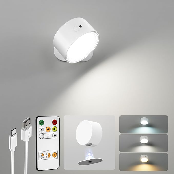 LED Wall Mounted Lights, Rechargeable Wall Sconces Lamp, 3 Color Temps & Remote and Touch, 360° Rotation Dimmable Cordless Wall Light for Study Bedroom Reading Bedside(White, 1 Pack)