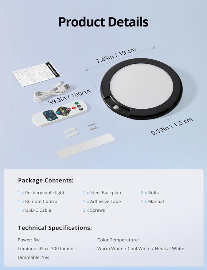 Combuh Black Operated Battery Powered Motion Sensor Ceiling Lights Wireless, Rechargeable 85 Day Battery Life Waterproof Inside Shower Lighting with Remote Magnetic Without Wiring for Garage Closet