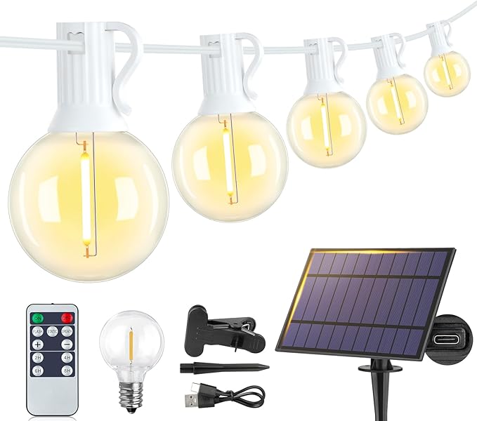 Larkvue 25FT Solar String Lights Outdoor with Remote, Waterproof Dimmable 3 Modes Patio Lights with 10+1 LED Shatterproof G40 Bulbs for Garden-White